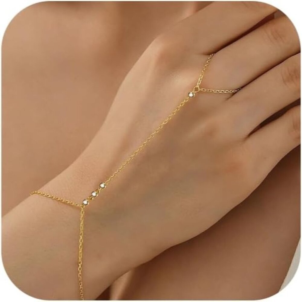 14K Gold Plated GD-round Clover Link Chain Ring Bracelet Hand Chain for Women